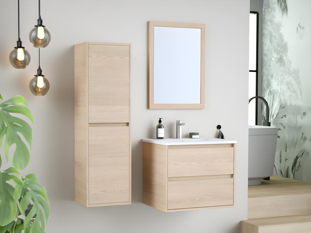 Meuble de salle de bain suspendu avec vasque à encastrer, miroir et