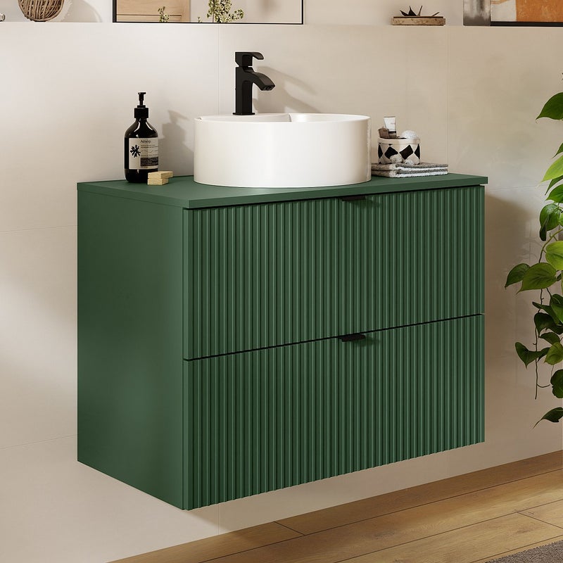 Podwieszana szafka łazienkowa prążkowana z okrągłą umywalką nablatową - Matowa zieleń - 80 cm - ZEVINI