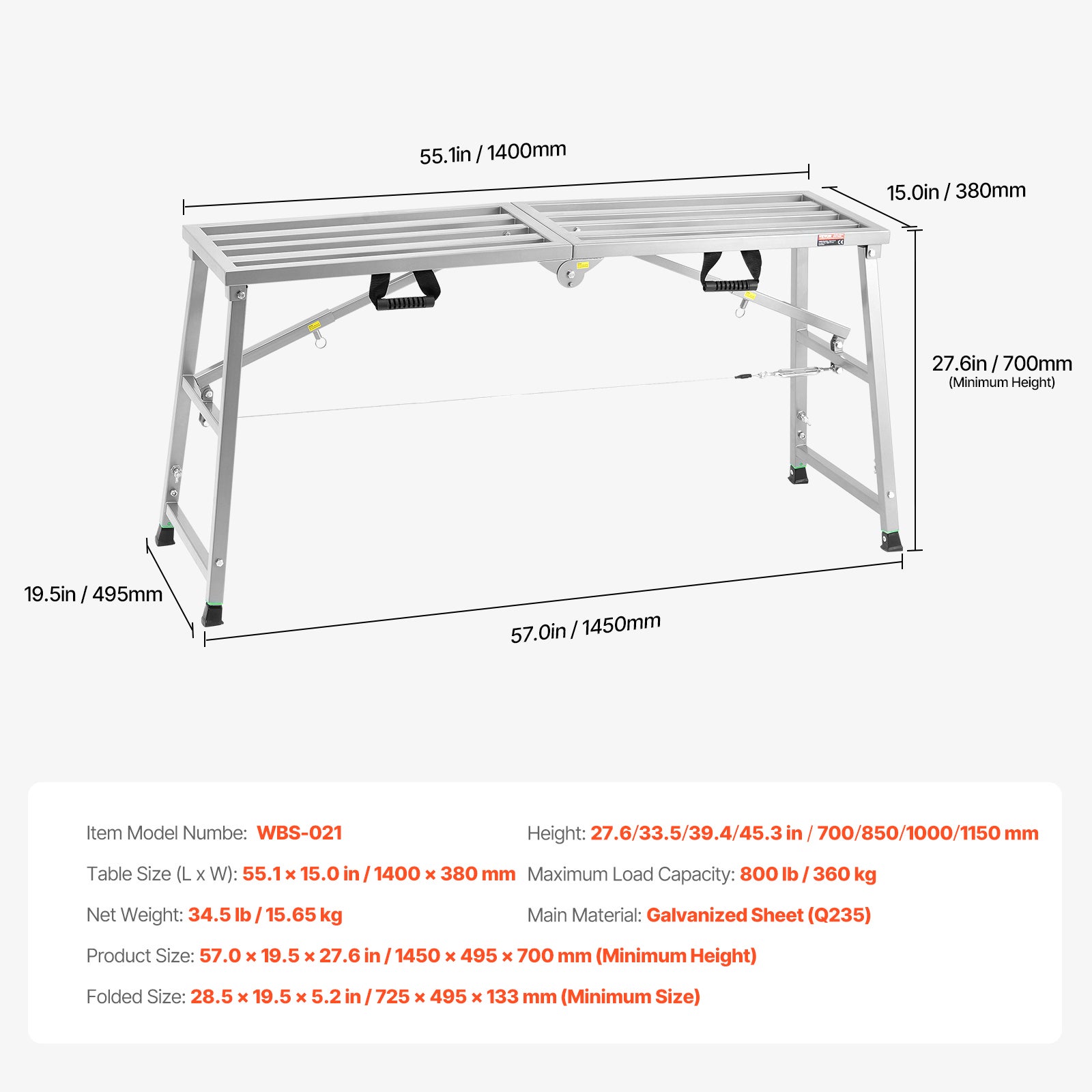 Plateforme de Travail Pliable VEVOR 360kg, Échafaudage Portable en Acier Réglable 700-1150 mm, Marchepied Antidérapant pour Peinture Cloison Nettoyage - 7