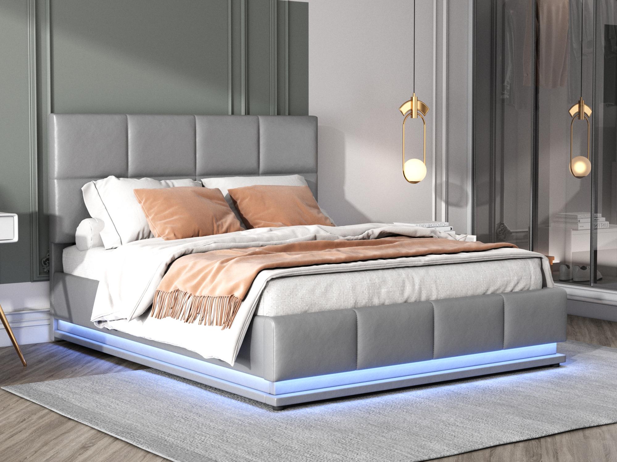 Łóżko z tapicerowanym stelażem 140x200 cm z oświetleniem LED - z ekoskóry - Szare