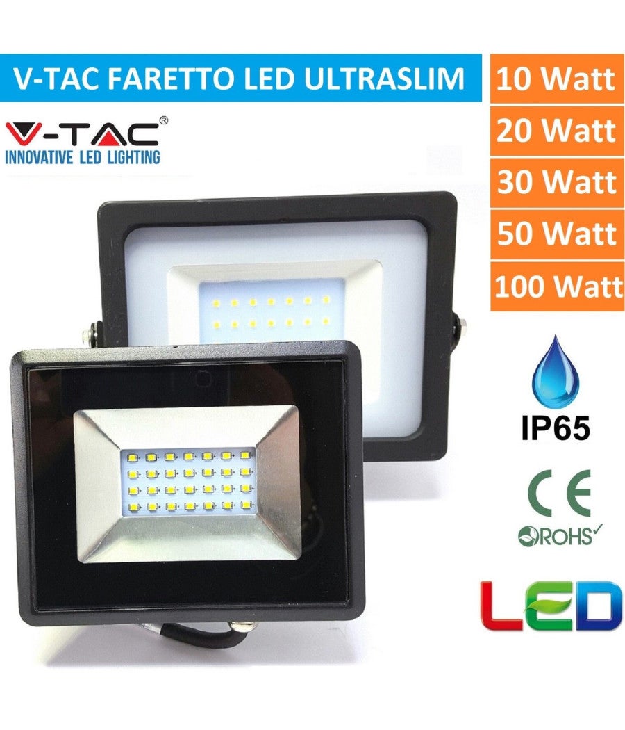 Trade Shop - V-tac Faro Faretto Led Smd 10w 20w 30w 50w 100w Slim Da Esterno Ip65 Colore Nero - Bianco Naturale-30 Watt - 6