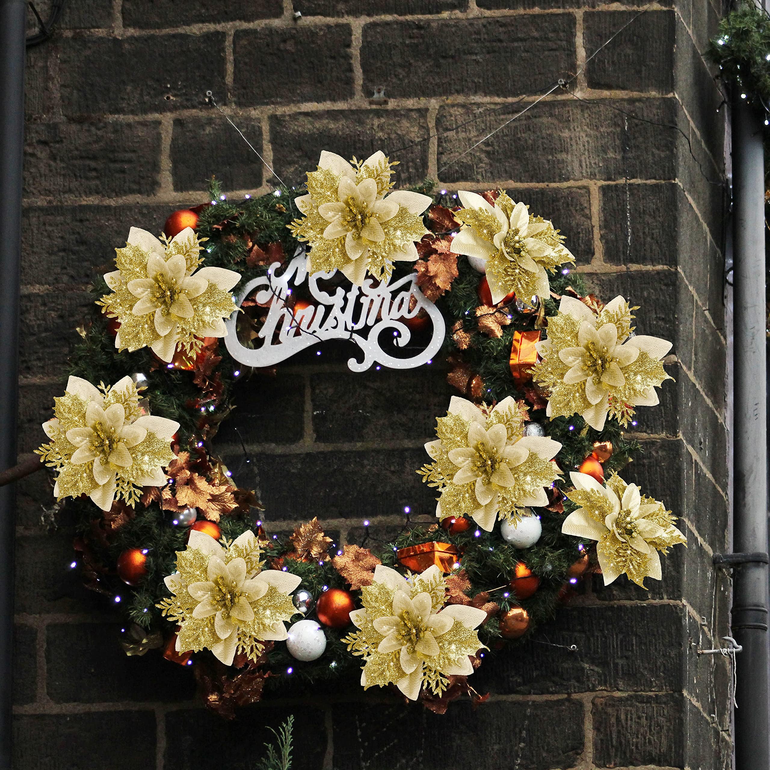 50 pièces décorations de noël, fleurs de noël artificielles avec clips, guirlande d'arbre de noël scintillante pendentifs de fleurs artificielles - 9