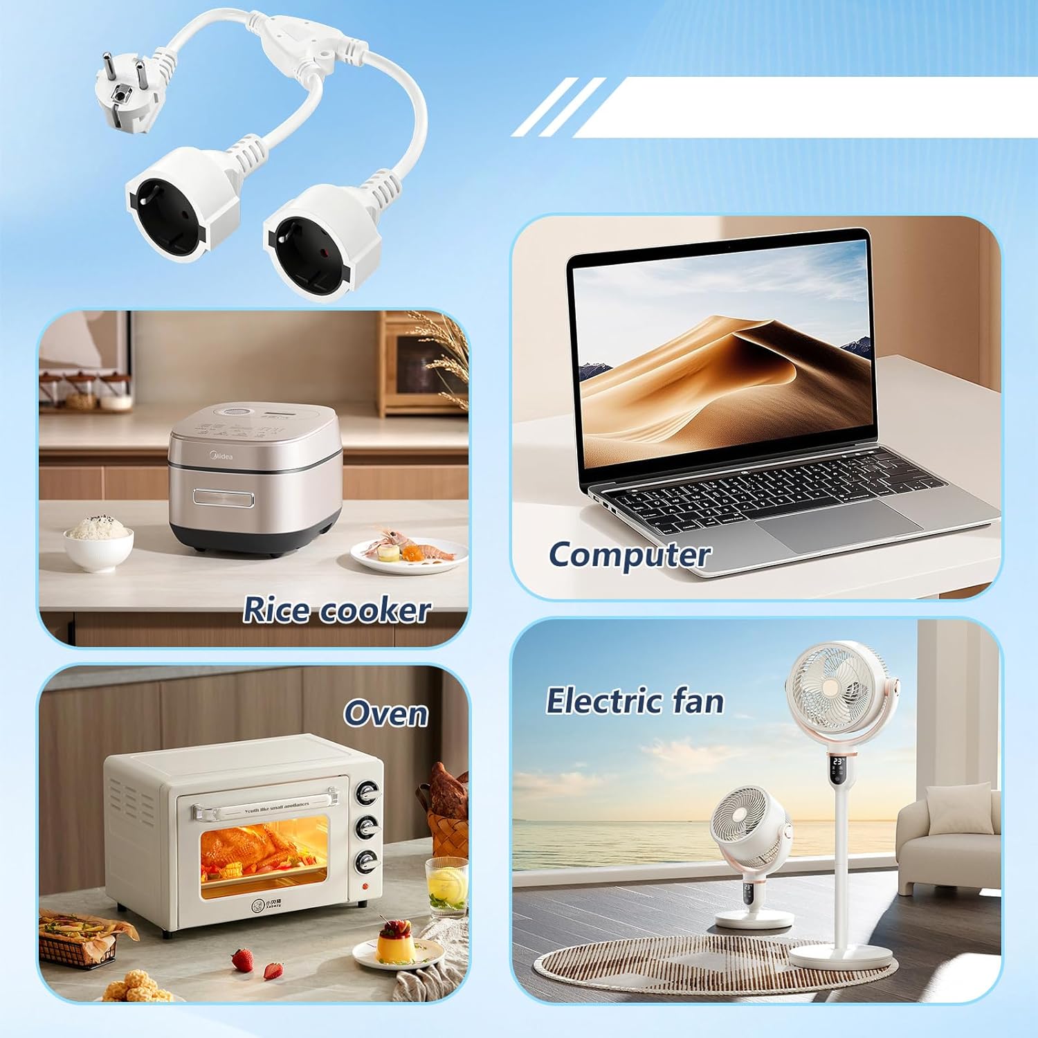 Fiche Double pour Prise de Courant 2-Fois Multiprise avec Flexible Kable 2 en 1 Câble de Rallonge Court IP20 Protection pour Intérieur et Extérieur - 5