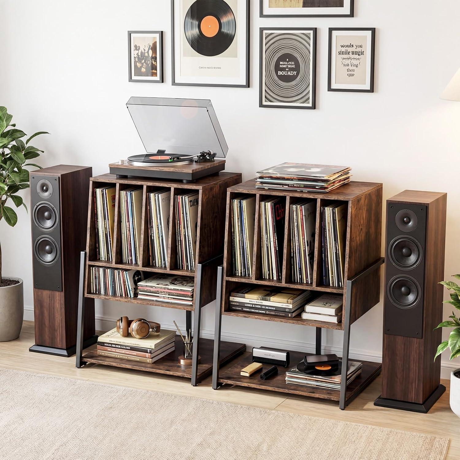 Meuble Platine Vinyle jusqu'à 180 Vinyle, 4 roulettes Inclus, Étagères, 5 Compartiments, Support Tourne Disque pour Albums, Manga, Livres, Marron - 9