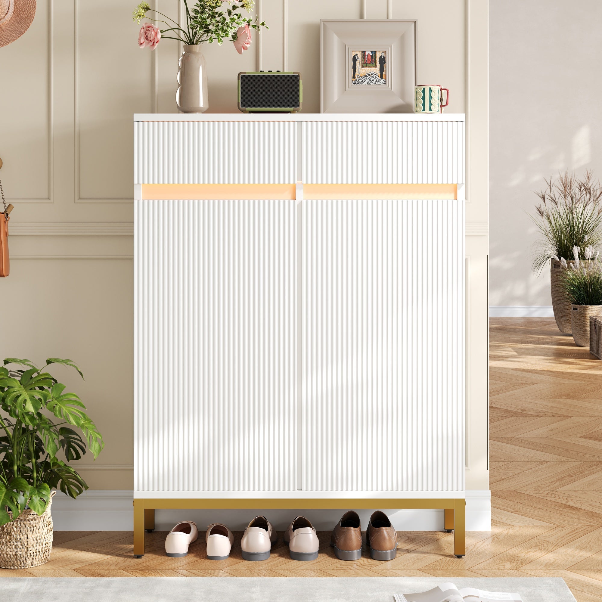 Dulap pantofi cu 2 uși, 2 sertare, rafturi reglabile și iluminare LED - MDF și PAL - 80 x 35 x 103 cm - Alb
