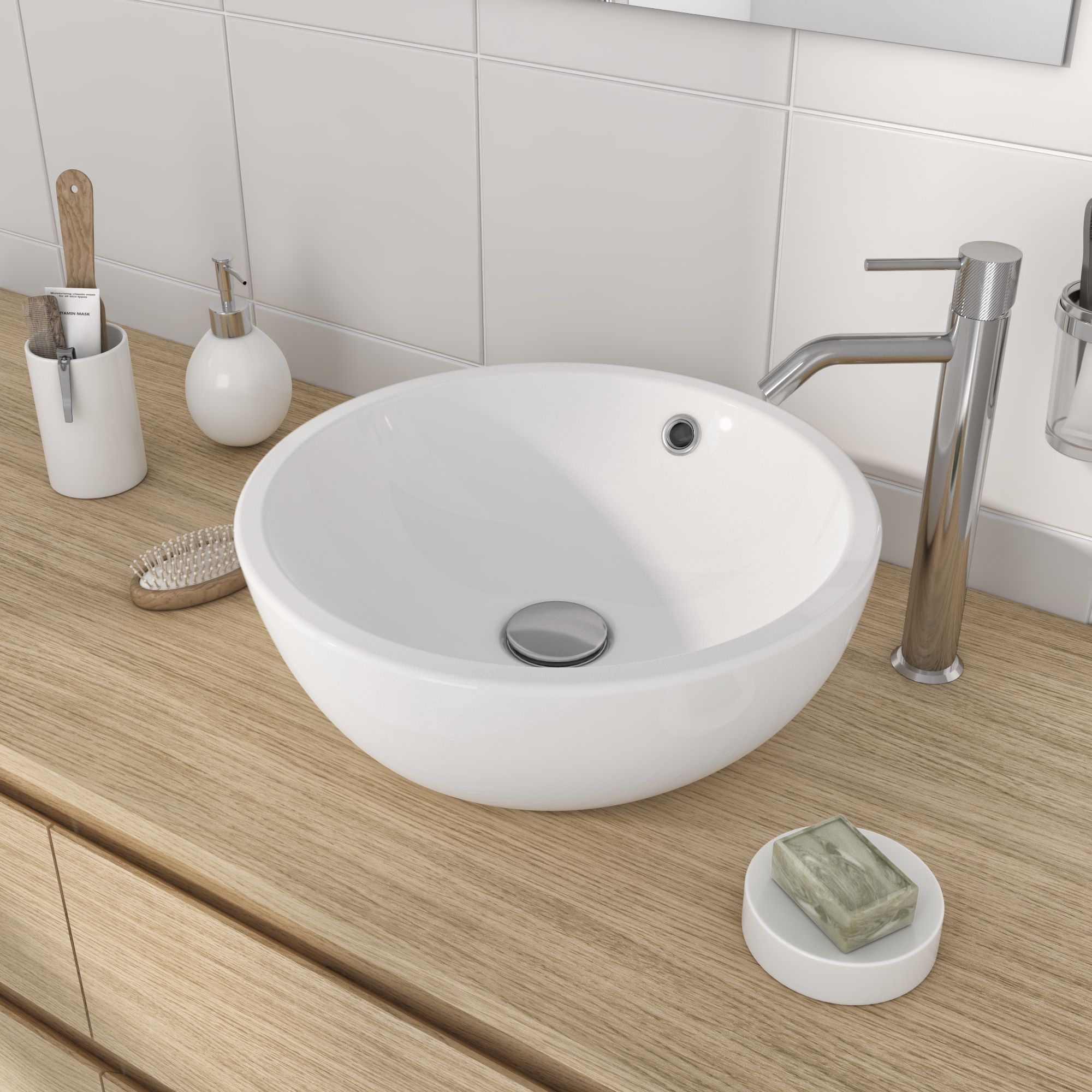SENSEA - Lavabo da appoggio TONDO - Porcellana - Ø 38 cm - Bianco lucido - Piletta non inclusa - Lavabo - 4