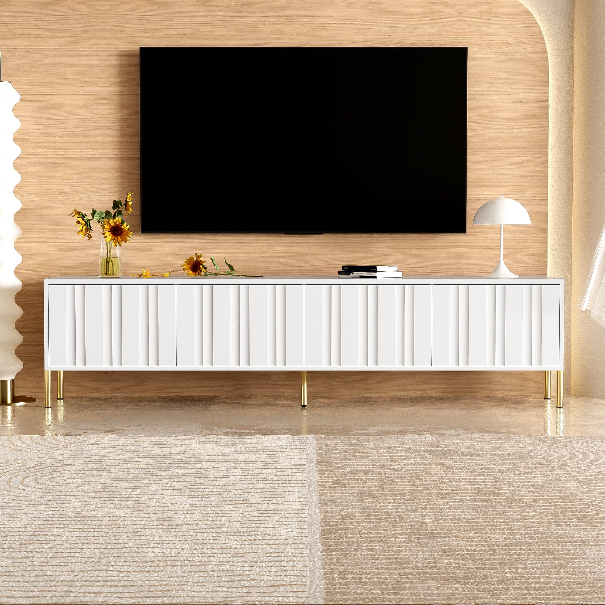 Stojak pod TV z 4 drzwiami - 190 x 38 x 48 cm - Płyta MDF + Płyta wiórowa - Wzór ryflowany - Biały