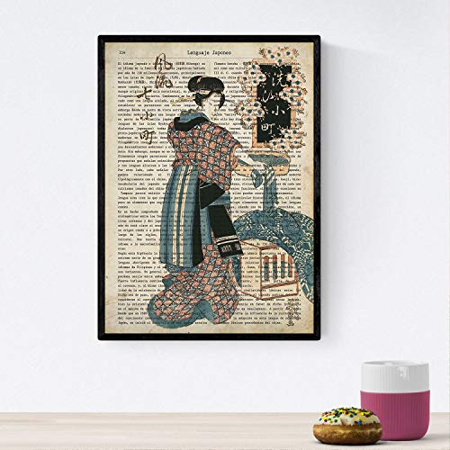 Pack de cuatro láminas vintage japonesas con definiciones lenguaje japones, comunicacion, emociones y libertad marco blanco - a3