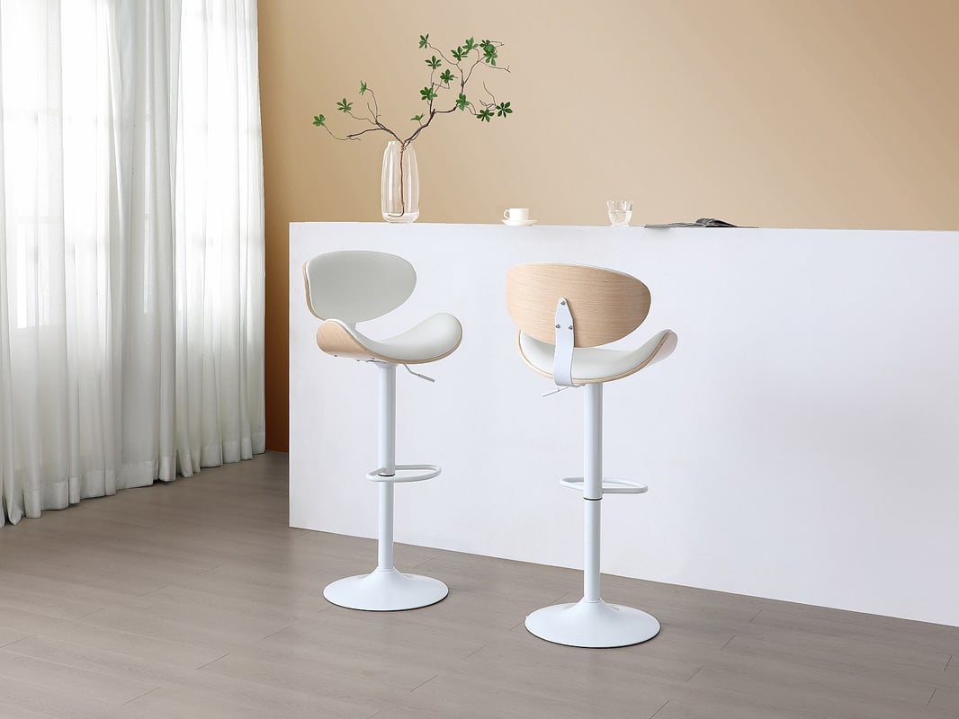 Zestaw 2 stołków barowych z ekoskóry i metalu - Regulowana wysokość - Naturalny jasny i Biały - MONTENEGRO