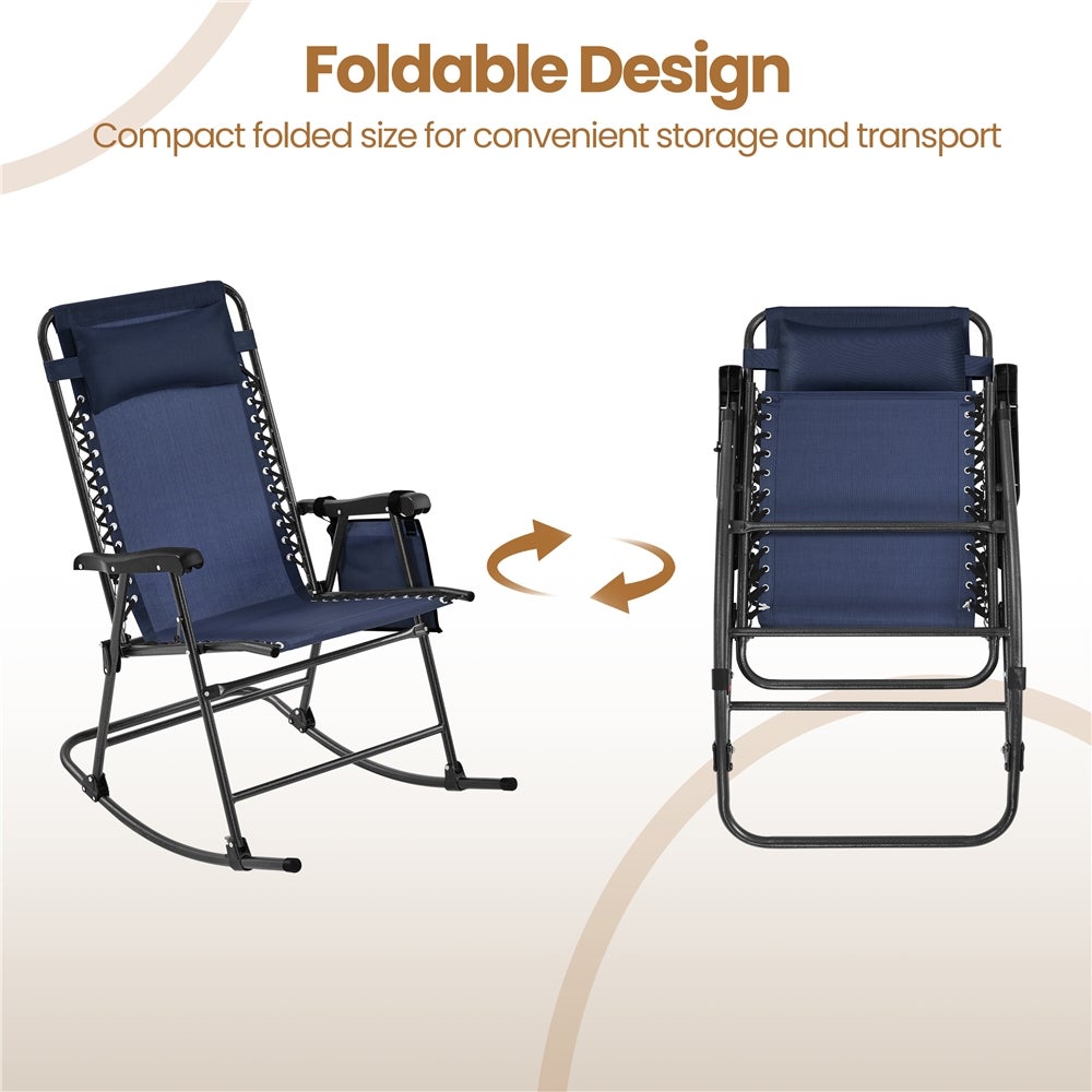 Fauteuil à Bascule Pliant en Toile et Métal avec Têtière Réglable, Poche de Rangement, Bleu Marine Yaheetech - 5
