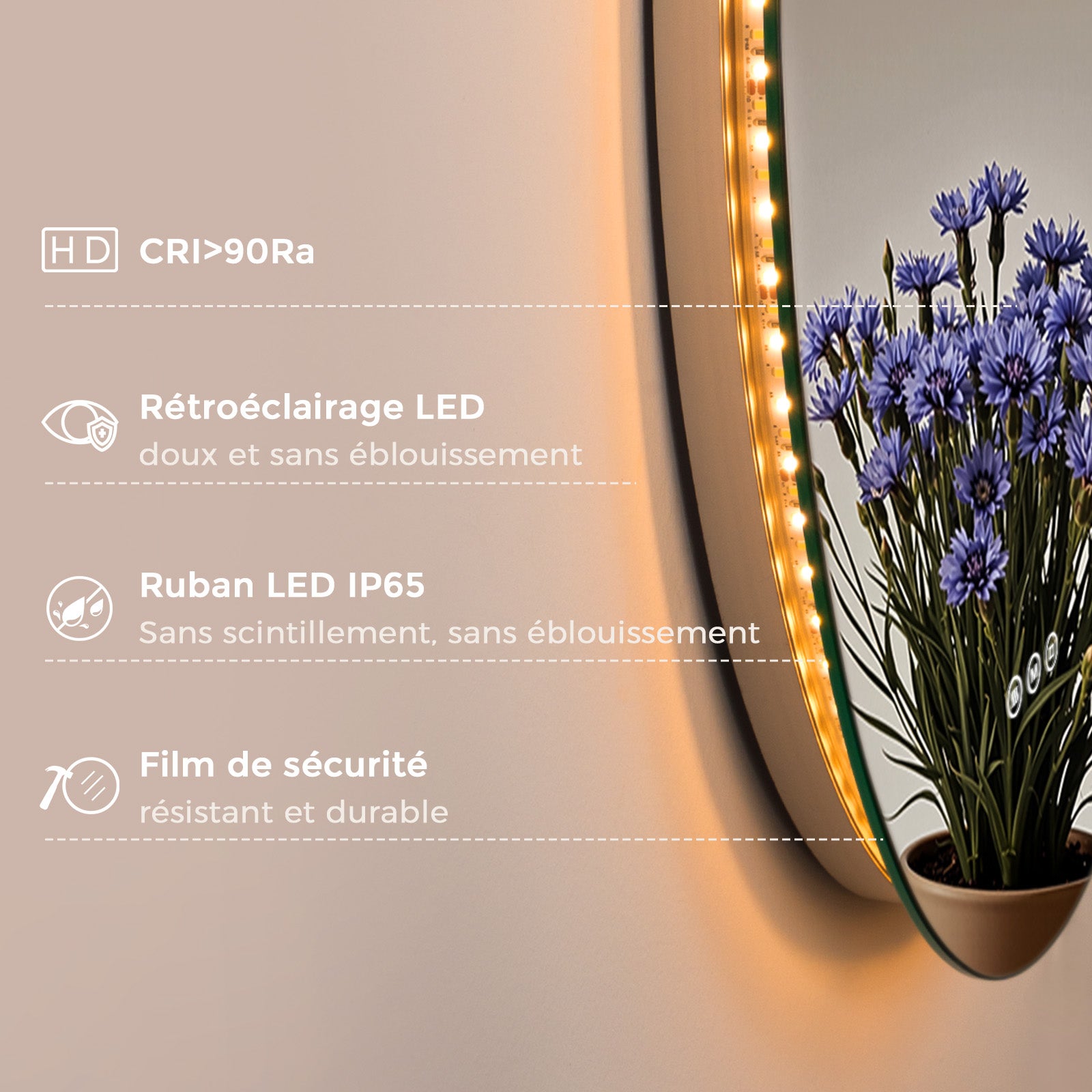 Miroir salle de bain lumineux rond 50 cm, miroir LED avec éclairage antibuée, variateur tactile, 3 couleurs, mémoire - 8
