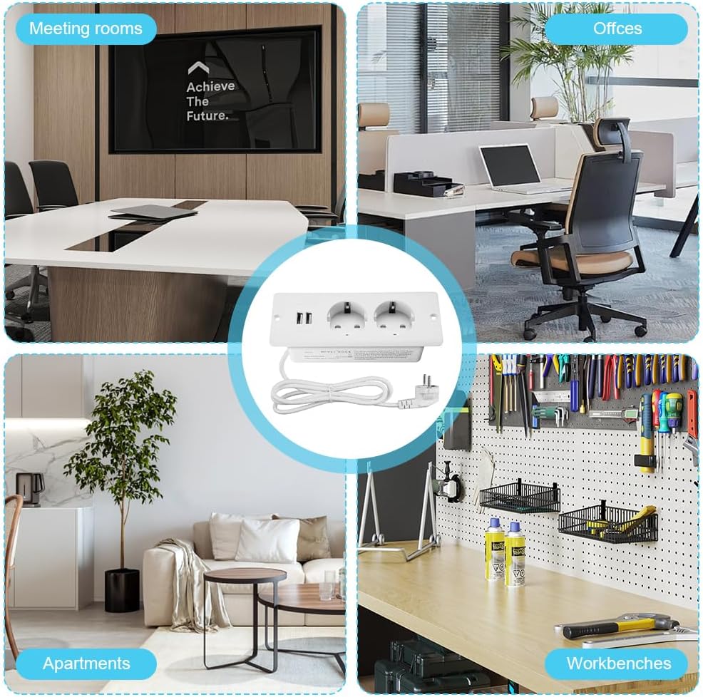 Prise Encastrable et 2 Ports USB Type-C PD20W, Câble 1,7m, Multiprise Intégrée pour Bureau et Meuble - 5
