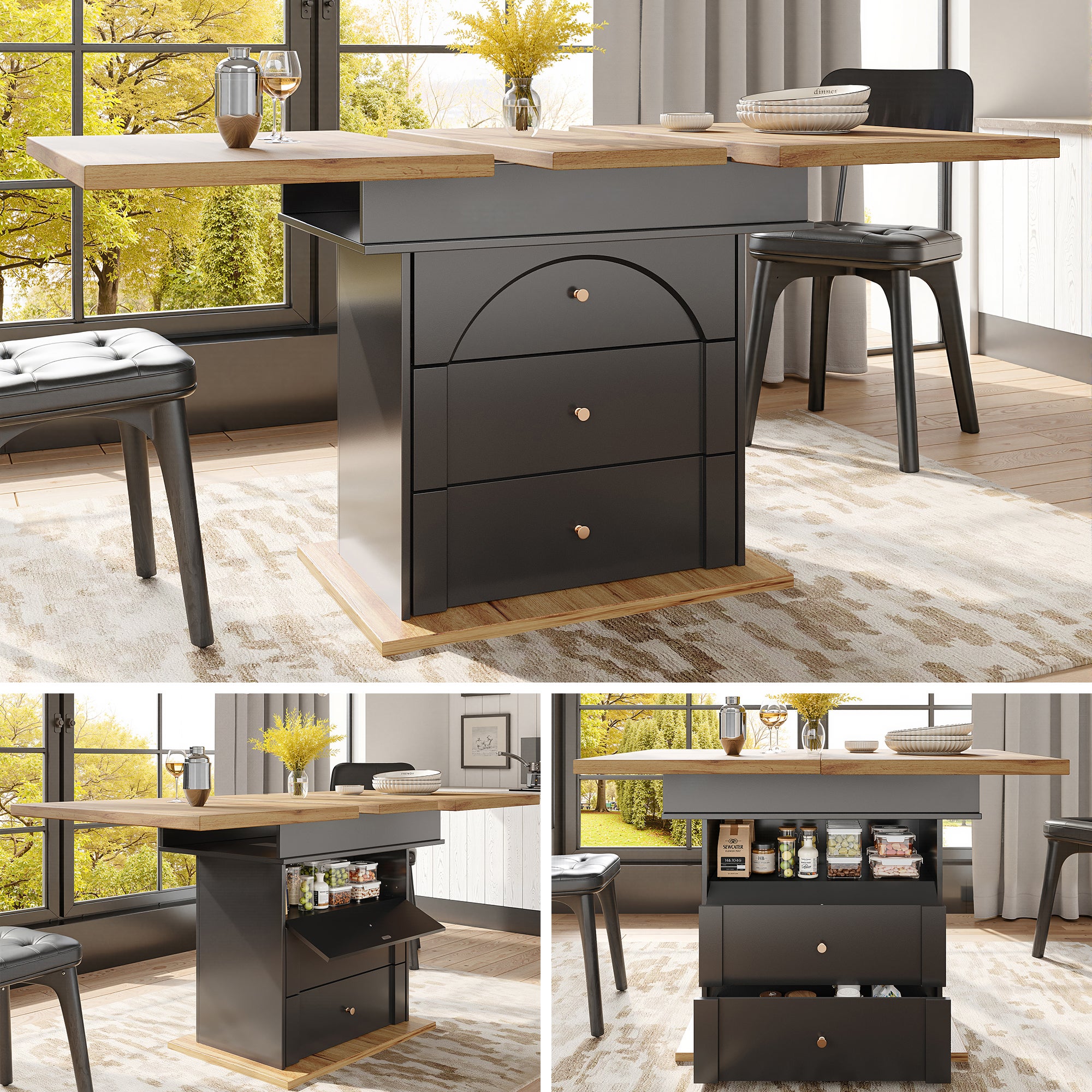 Rozkładany stół jadalny dla 4-6 osób z 1 drzwiami i 2 szufladami - 110/140 x 80 x 75 cm - MDF - Czarny + naturalny