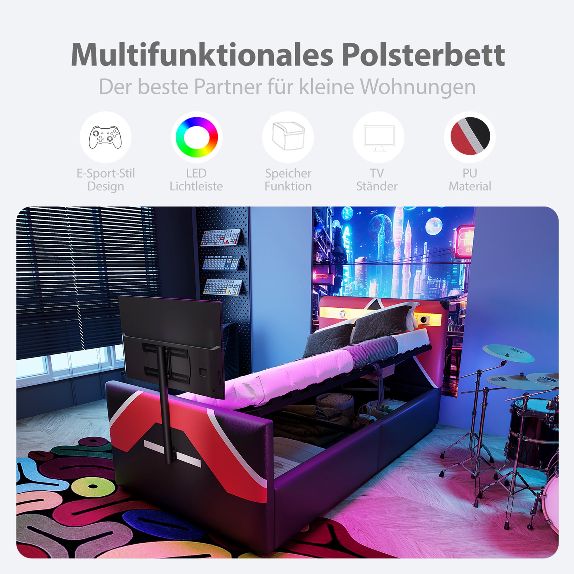 Łóżko dziecięce z pojemnikiem 90 x 200 cm ze stojakiem pod TV i diodami LED - Skóra ekologiczna - Czarny + różowy (Materac nie jest wliczony w cenę) - 5