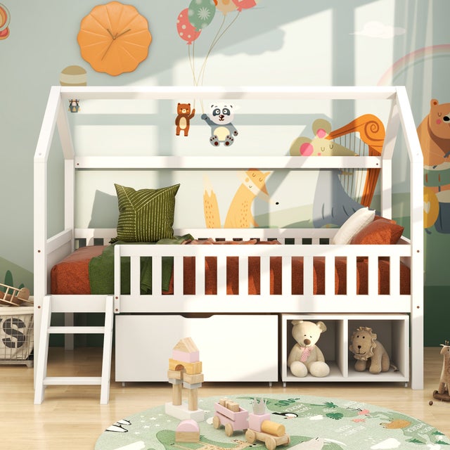 Lit cabane en bois massif - 90x200 cm - avec rangements et échelle - Blanc