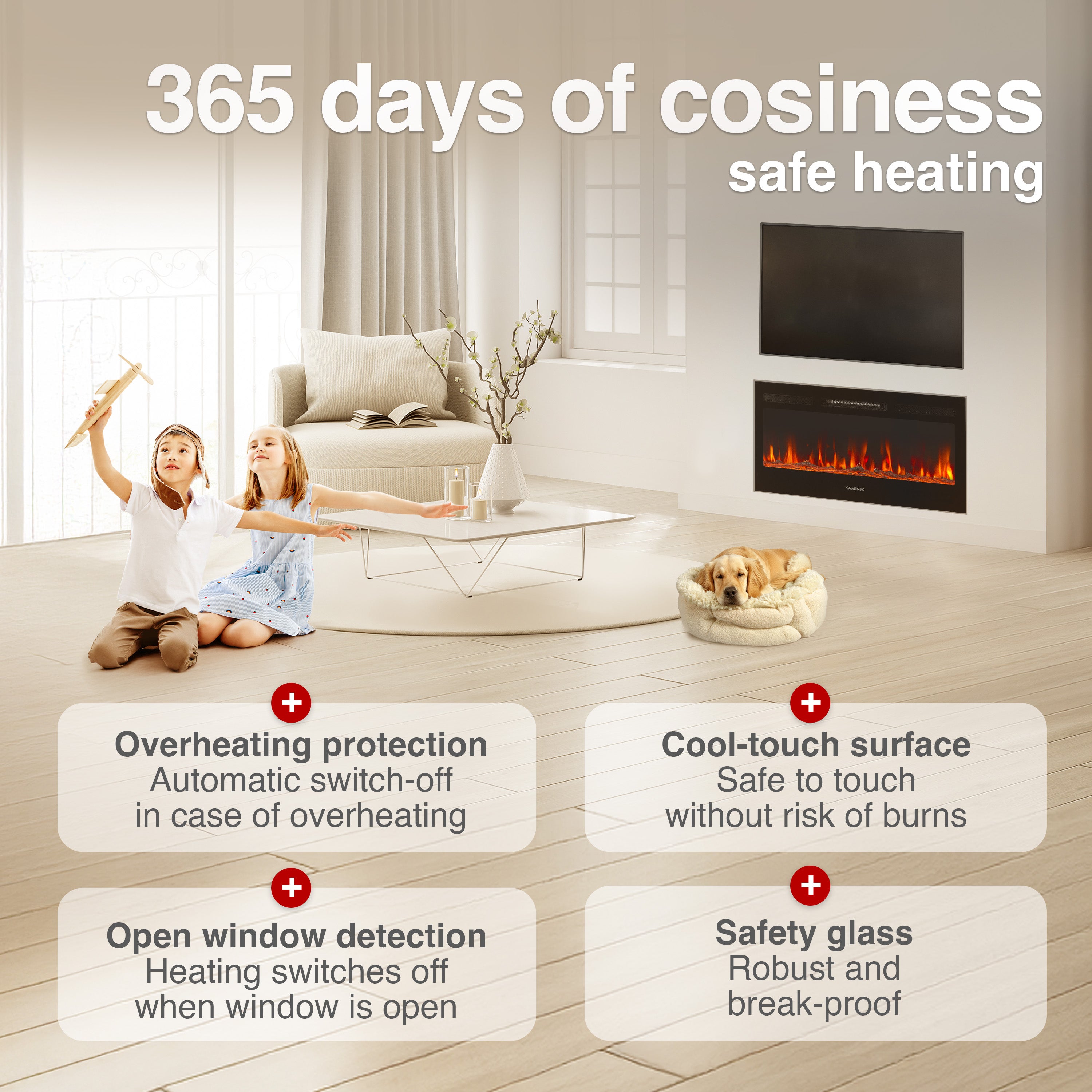 KAMINIO Chimenea eléctrica MARLON - Chimenea eléctrica 3 en 1 con calentador, efecto de llama 3D, 12 colores de llama, control remoto - 36 pulgadas - 5