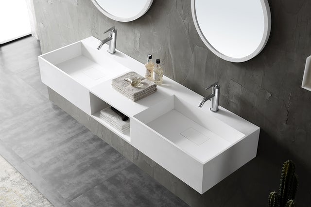 BERNSTEIN - Double vasque murale 150x45x20cm en fonte minérale - blanc mat - TWG235