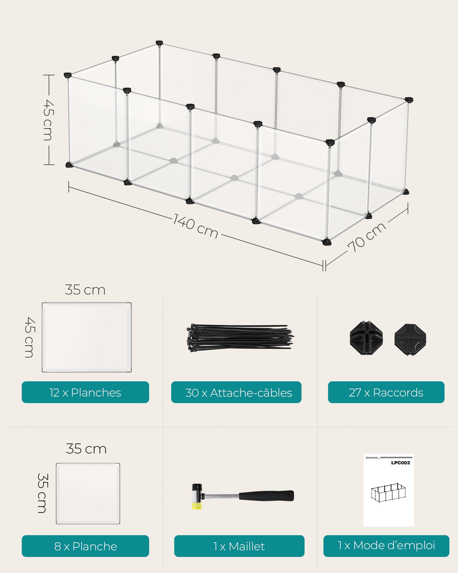 SONGMICS Parc Enclos, Cage, Clôture, avec Plancher, Intérieur, Modulable, Transparent, en Plastique, pour Cochon d’Inde, Lapin, Petits Animaux, Blanc - 5