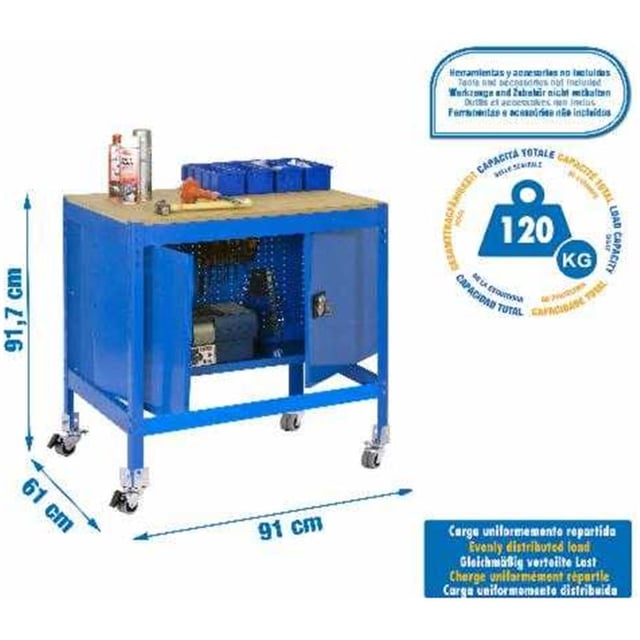 Tavolo da lavoro in metallo e assemblaggio senza viti SIMONWORK MOBILE BT0 CABINET 900 BLU/LEGNO