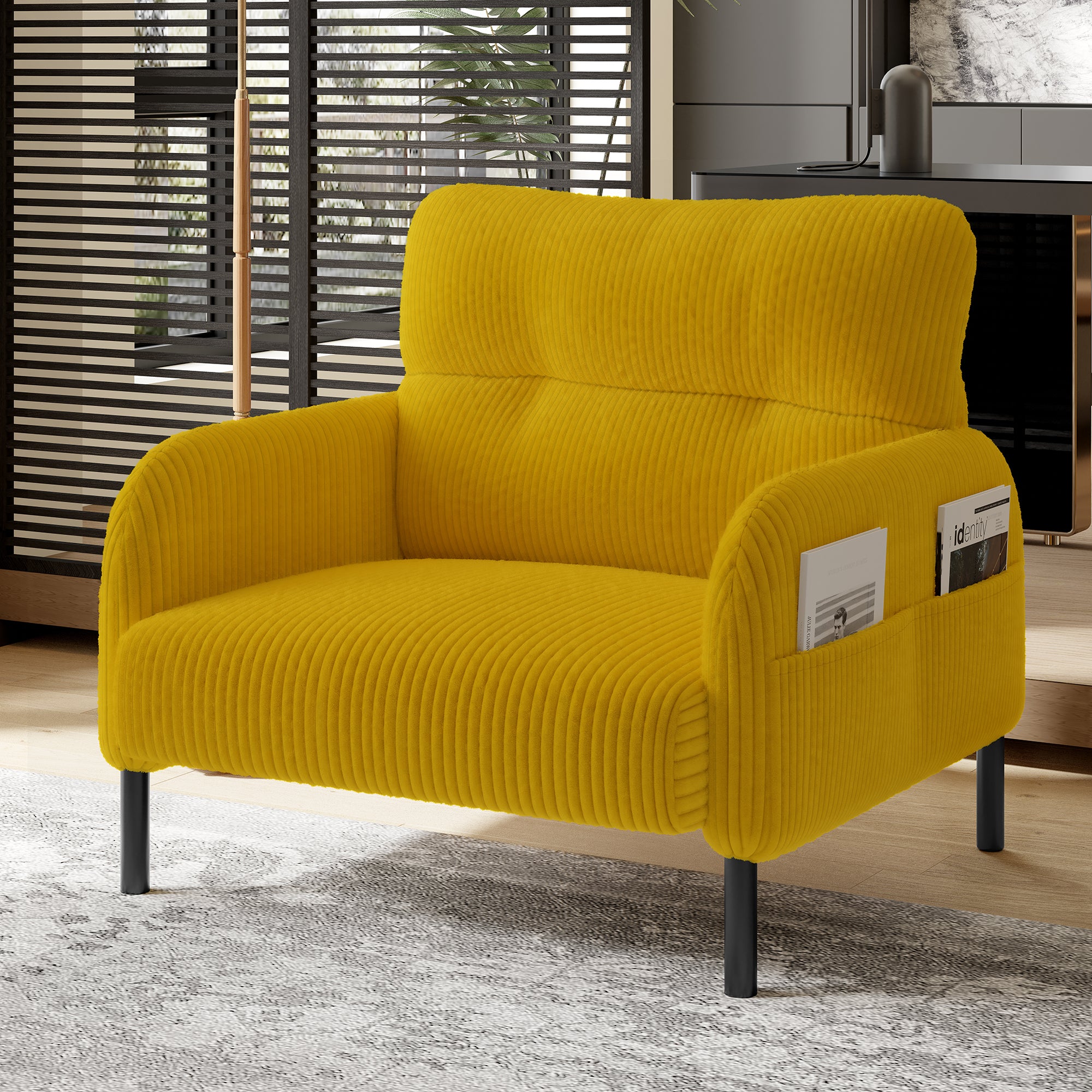 Fotel z podłokietnikami i kieszeniami bocznymi - 67 x 75 x 79 cm - Sztruks i metalowe nogi - Żółty