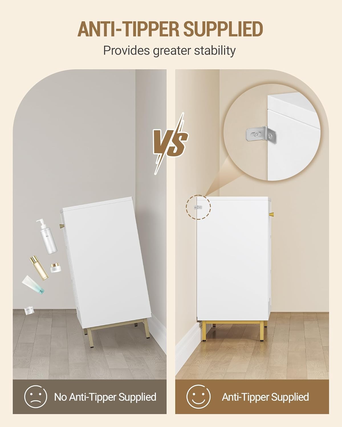 Mobile da Bagno, Armadietto Autoportante, con 3 Ripiani Aperti Regolabili e 2 ante, Grande Capacità di Stoccaggio, per Bagno, Soggiorno, Bianco-Oro - 7