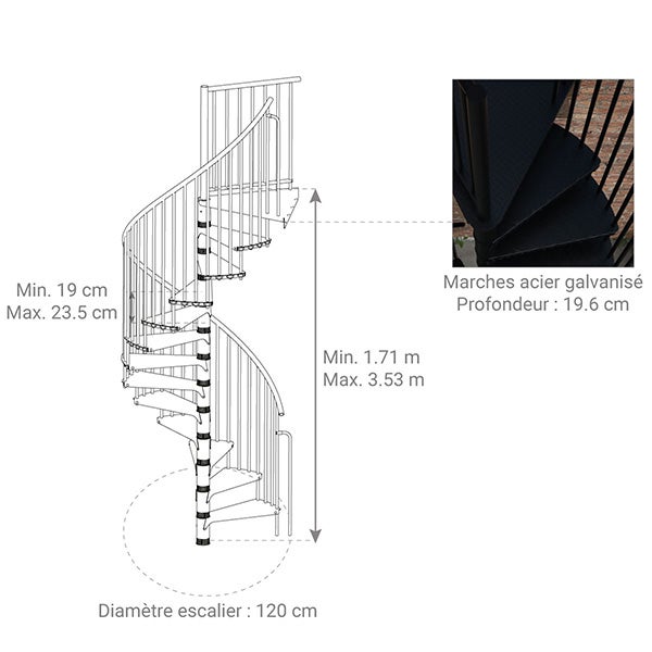 Escalier colimaçon extérieur 13 marches - Hauteur à franchir 2,47 à 3,05m - Diamètre 1.20m - Structure noire et marche noire - RONDOZINK120-CN-13 - 2