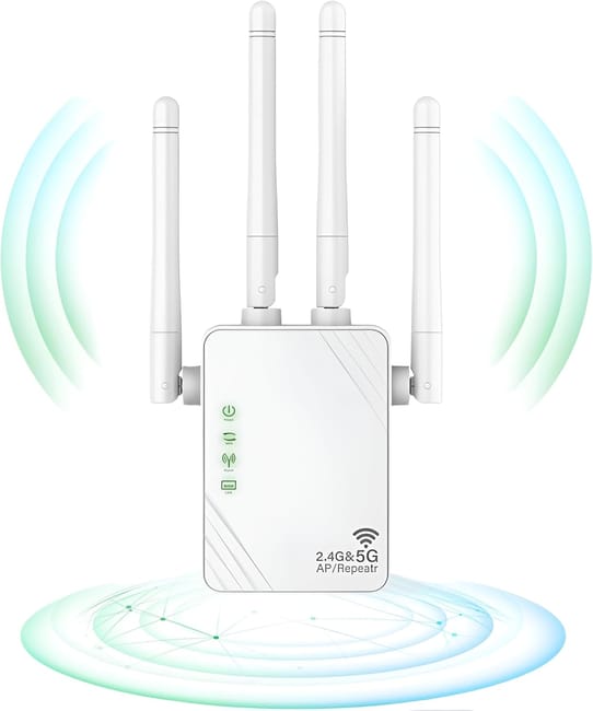 Wzmacniacz Wi-Fi 1200 Mb/s, dwuzakresowy 5 GHz i 2,4 GHz, z 4 antenami, kompatybilny ze wszystkimi routerami sieciowymi, biały