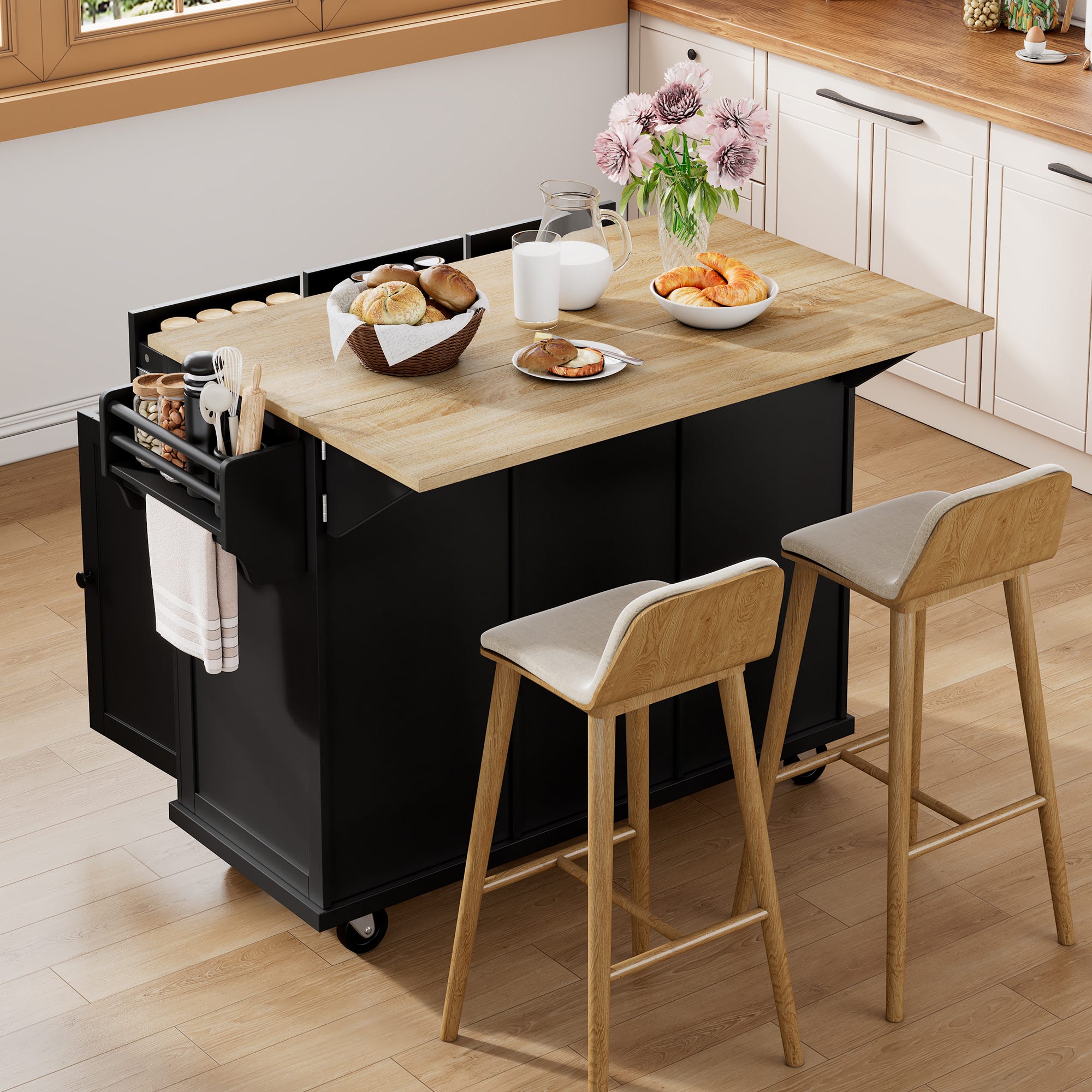 Isla De Cocina Con Ruedas Y Encimera Plegable - Armario Con Cajones Y Puertas, 120.8x88 Cm, Color Negro