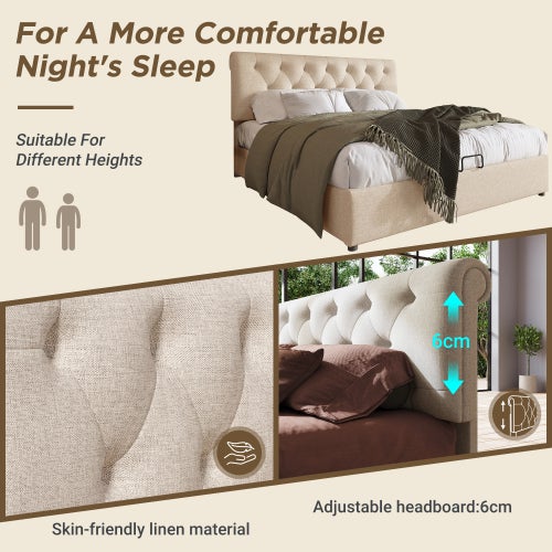 Lit coffre 140x200cm Lit capitonné double avec rangement hydraulique et tête de lit réglable Structure métallique avec sommier - naturel - 6