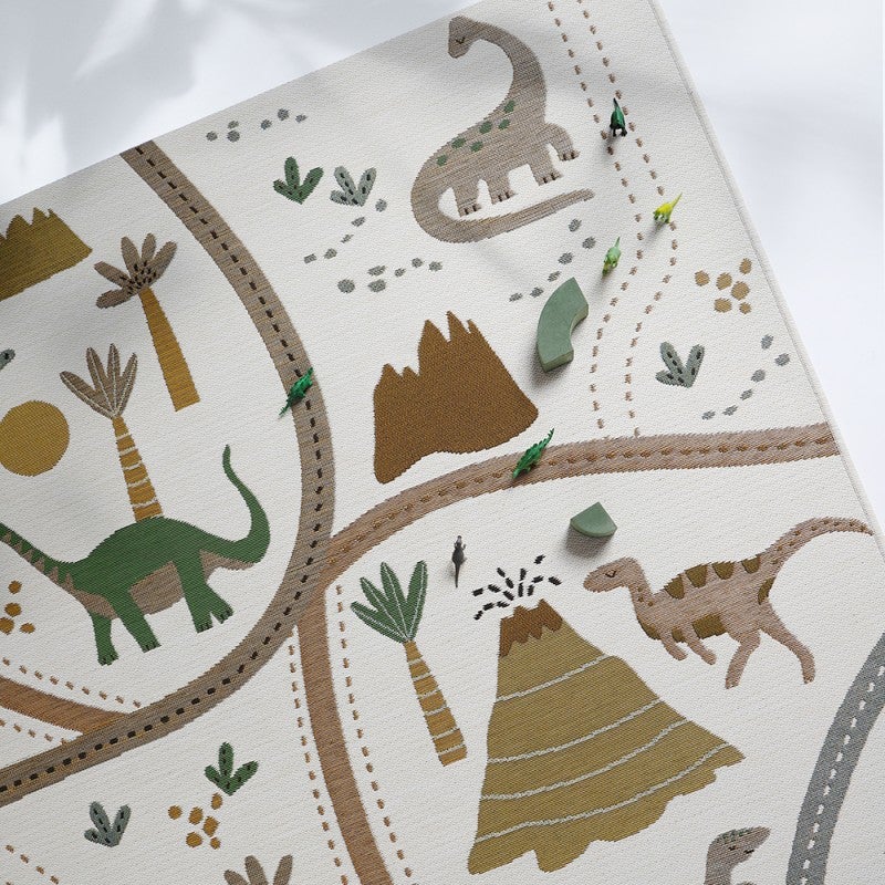 Tapis De Jeu Circuit Voiture – 145x200 Cm, Volcans Et Dinosaures, Moquette Bouclée