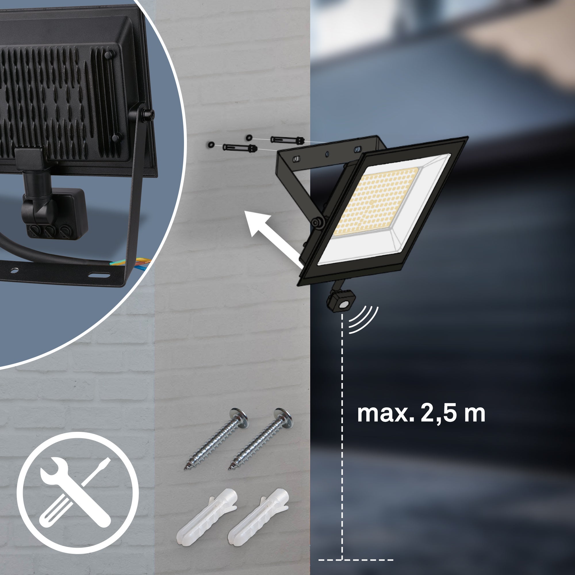 Projecteur LED - IP65 - Noir - 50W - 4500lm - 4000K - Détecteur de mouvement & capteur crépusculaire - 175×40×210mm - Briloner - 4