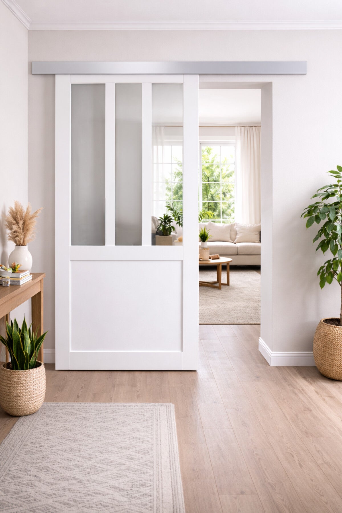 Puerta corredera de taller revestida de blanco ancho 83 + carril de aluminio