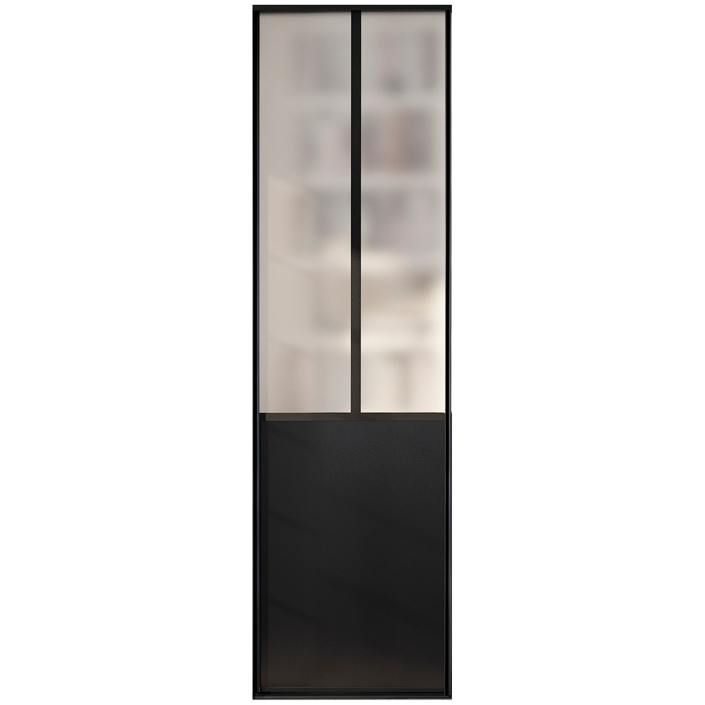 Pack de 2 portes de placard coulissantes, décor atelier noir, verre dépoli blanc, rails noirs, H 2500 x Largeur totale 1200 mm - 2