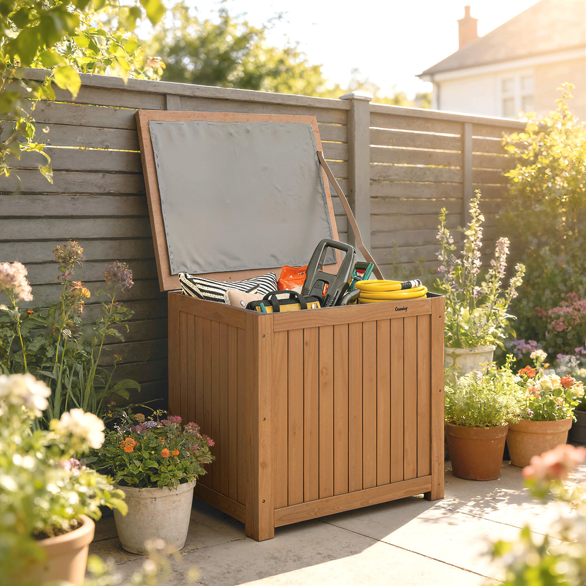 Coffre de rangement extérieur 130 L avec couvercle, charnières et sangle, en bois, 63 x 51 x 58,5 cm, marron - 4