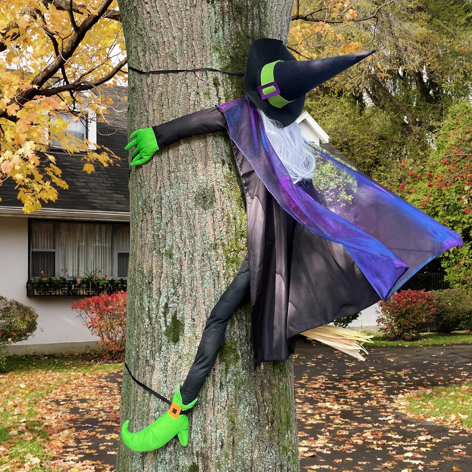 Dekoracje na Halloween – latająca wiedźma, 163 cm – gigantyczne wiszące dekoracje wiedźmy na drzewa na zewnątrz, dekoracje ogrodowe