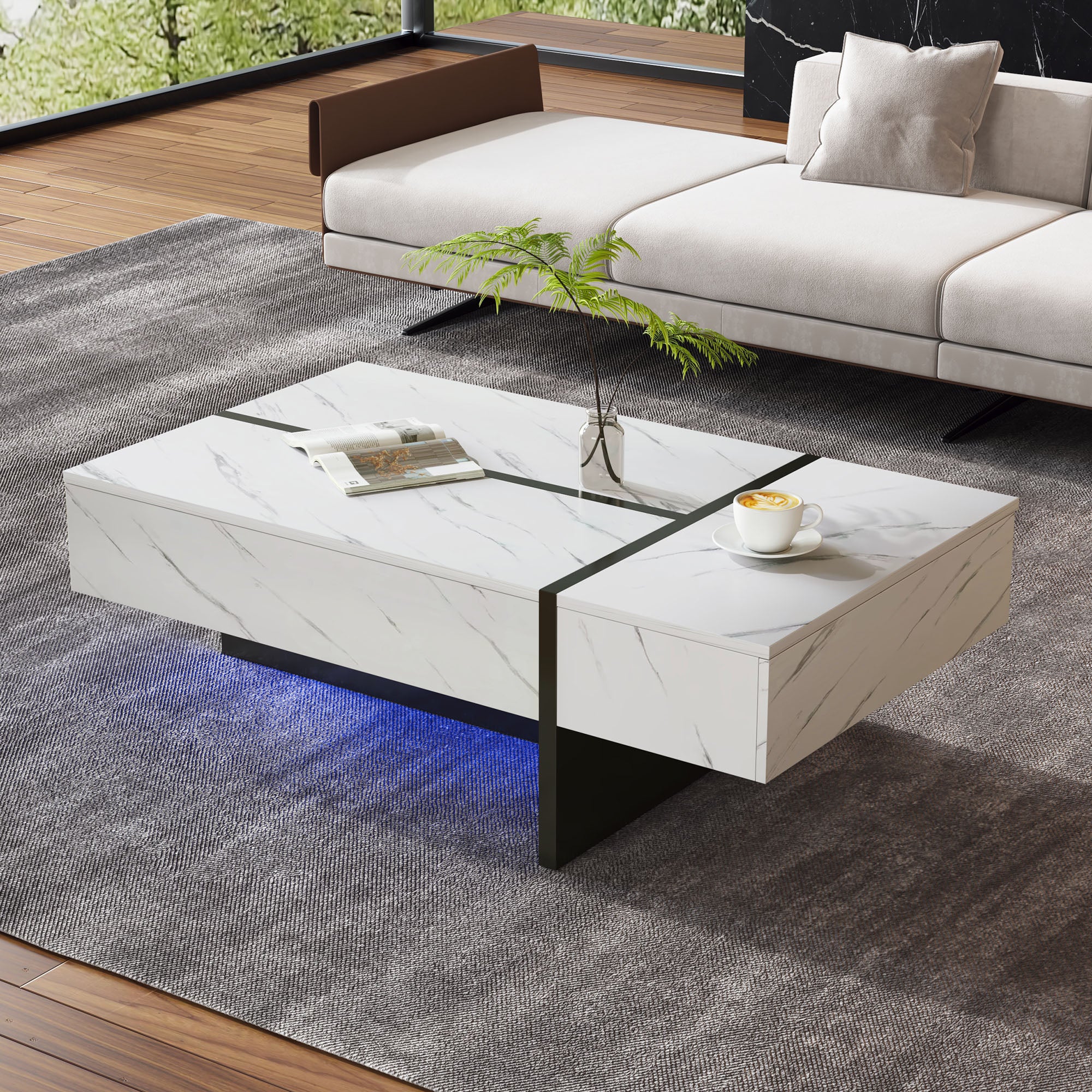 Table basse blanche moderne avec éclairage LED, motif marbre, plateau brillant - 105x60x35cm - 4