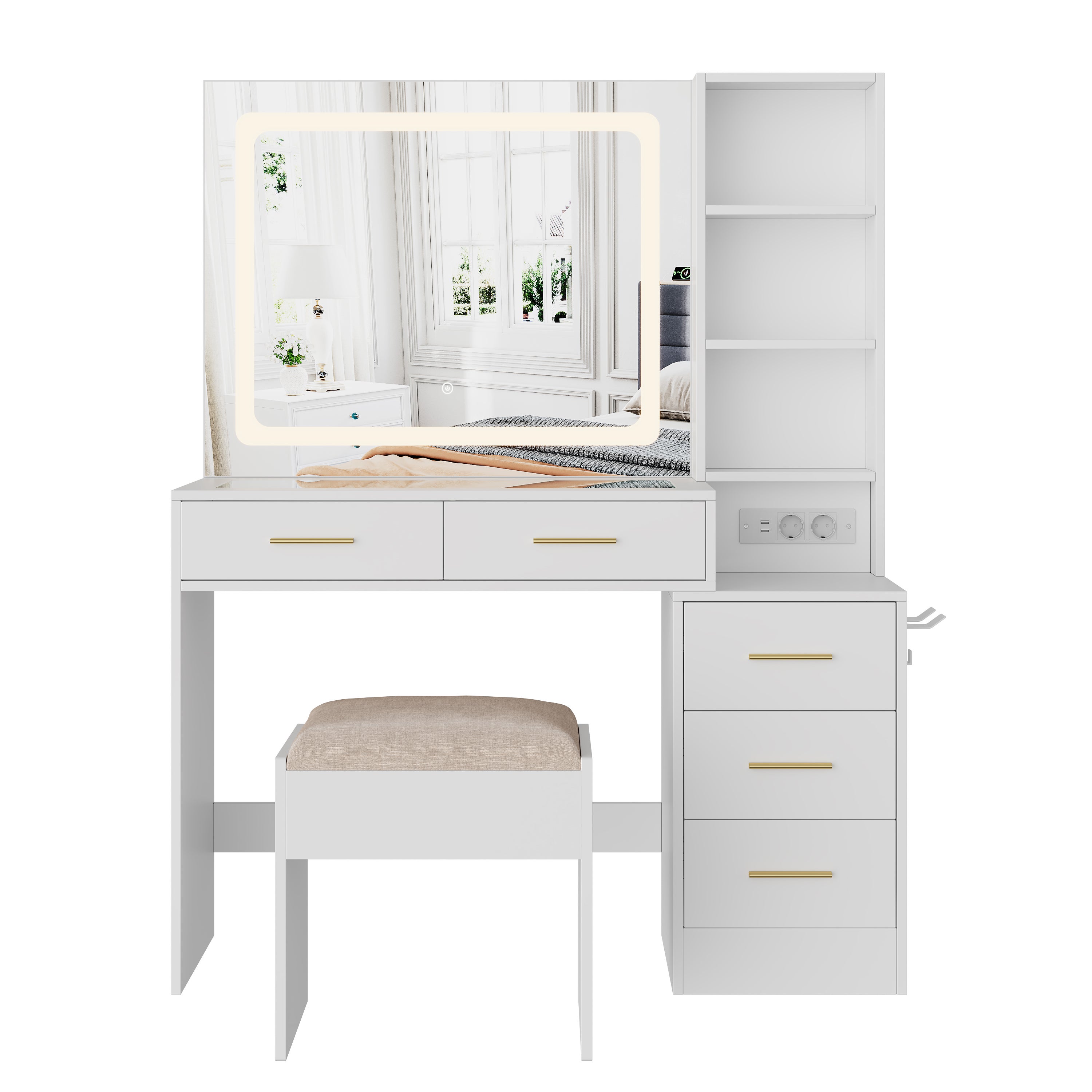 Coiffeuse, grand miroir de maquillage LED multicolore, station de recharge, tabouret inclus, 5 tiroirs avec poignées, étagères réglables - blanche - 8