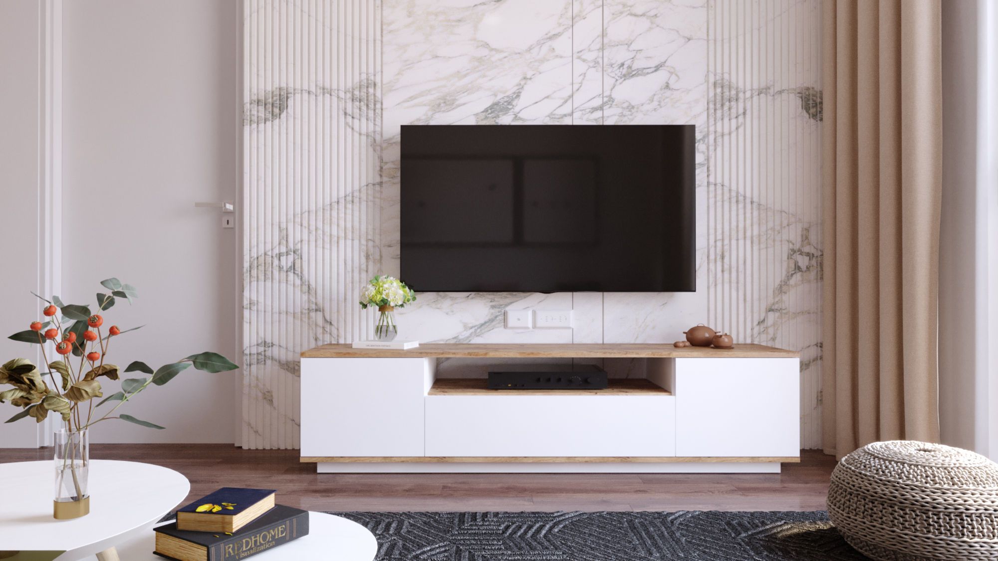 Meuble TV 3 portes basculantes L180cm Dani Bois Naturel et Blanc - 5