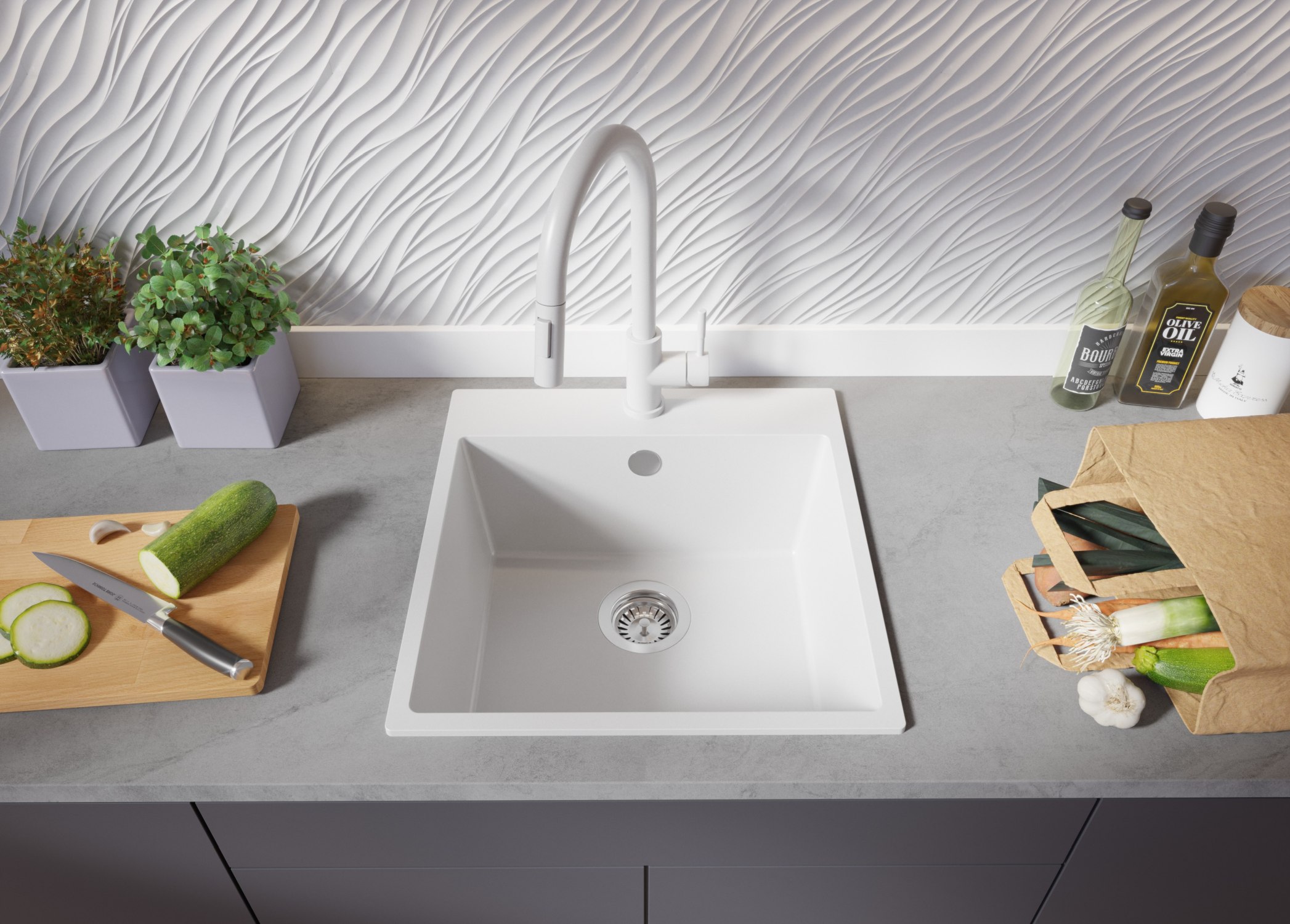 Lavello da Cucina Bianco 48x50cm, Lavandino in Granito a 1 vasca + Sifone Classico, Lavabo da Cucina Incasso al mobile 50cm - Riga PRIMAGRAN - 3