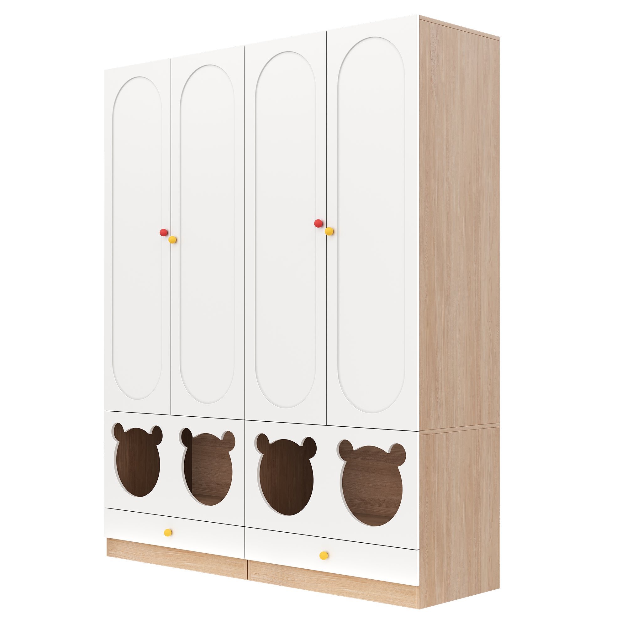 Armoire combinée avec 4 portes, barre à repasser et lit pour chat - 160x50x200 cm - panneaux aggloméré + poignées en céramique - Blanc + naturel - 4