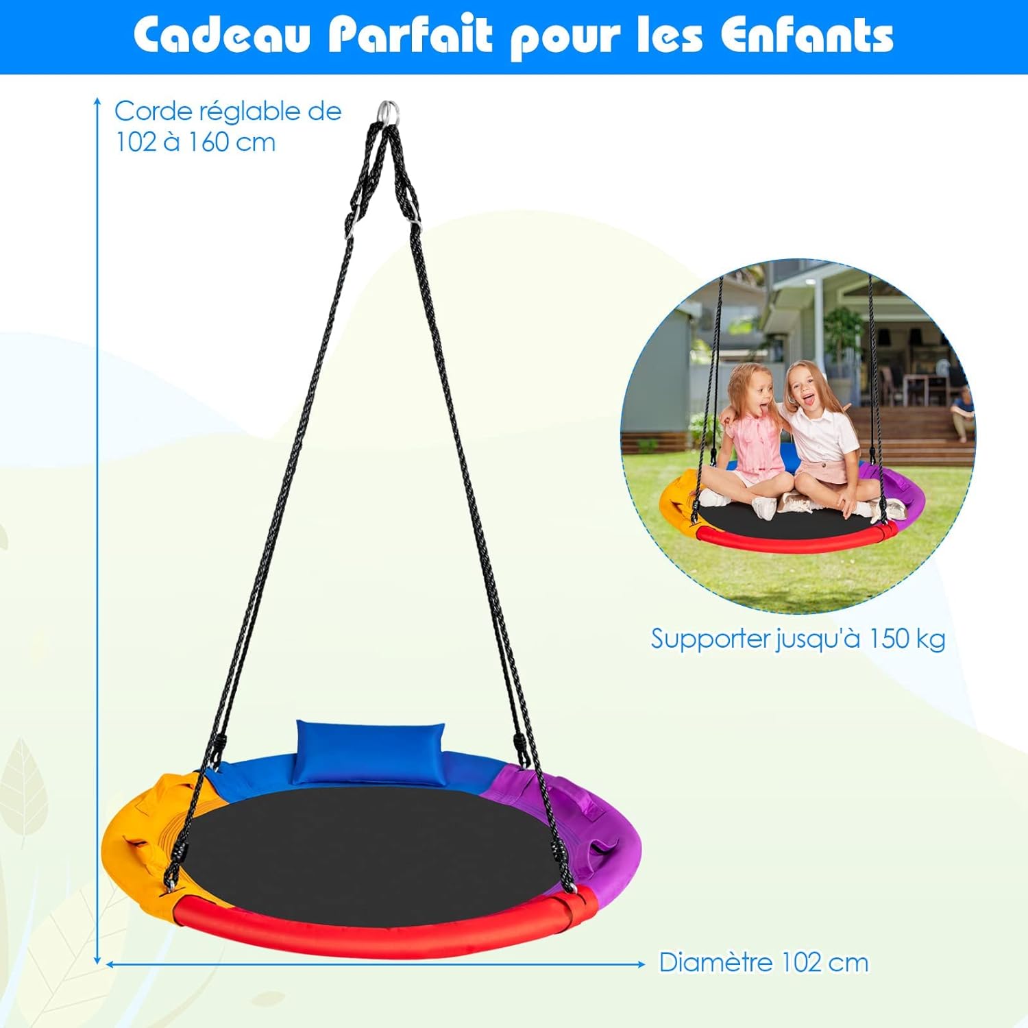 Balancoire Nid d’Oiseau Rond, Balancoire de Jardin en Tissu Oxford et PP, Ø100CM,Charge Maximale 150KG, pour Enfant/Adulte(Multicolore(avec Coussin)) - 2
