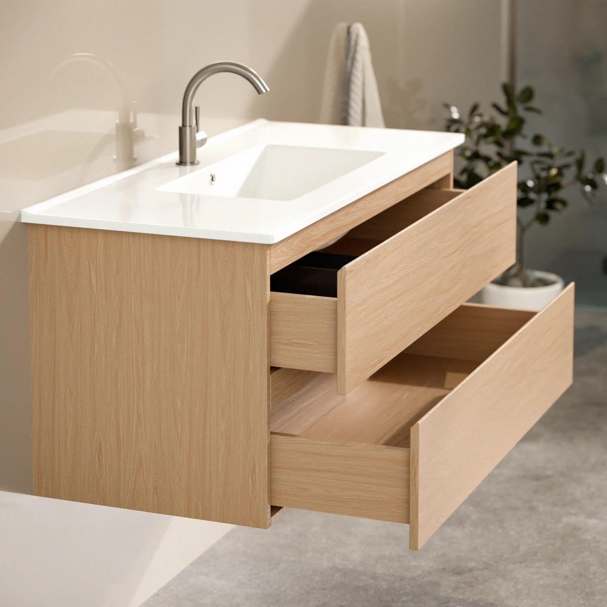 Mirlux Meuble vasque Mirlux Varo - 100 x 46 x 50 cm - Chêne clair - Vasque blanche incluse - 4