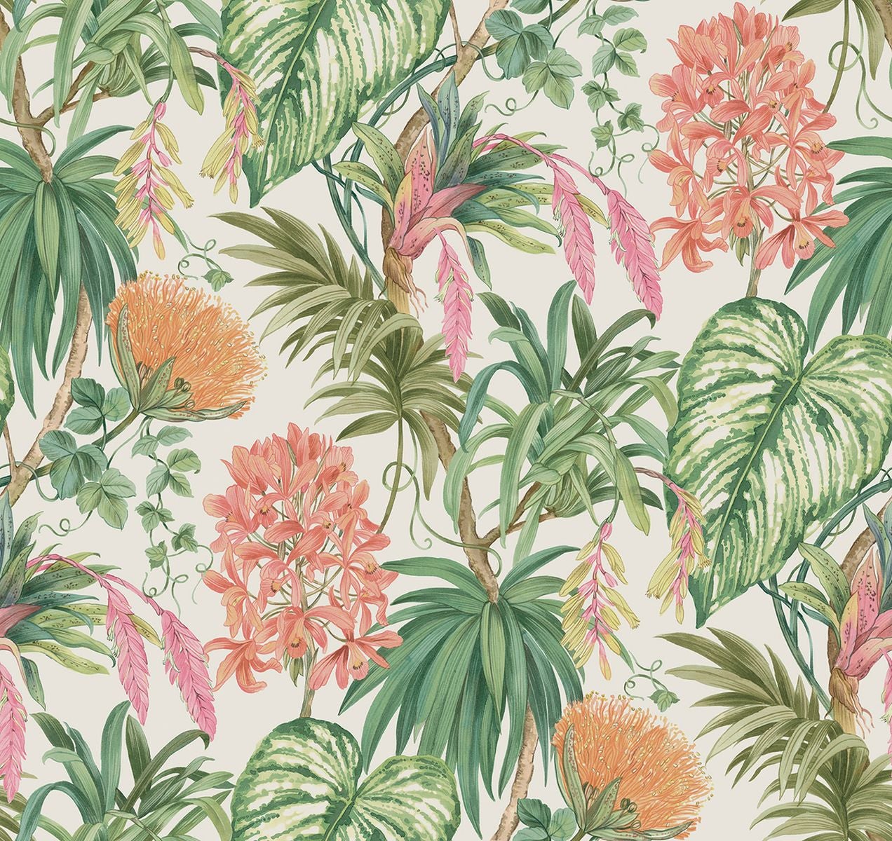 Papel pintado hojas tropicales verde, naranja y rojo - 53 cm x 10,05 m - sanders & sanders
