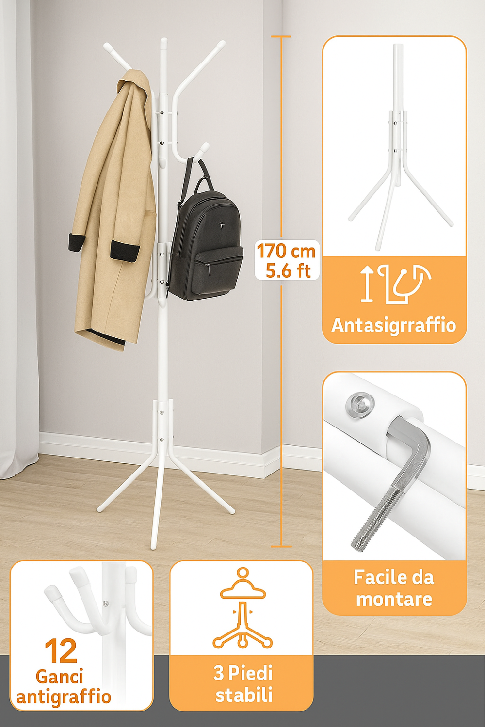 Appendiabiti da terra Servomuto stender piantana 12 ganci metallo Bianco con base a tre piedi 170 cm stabile resistente leggero moderno - 4