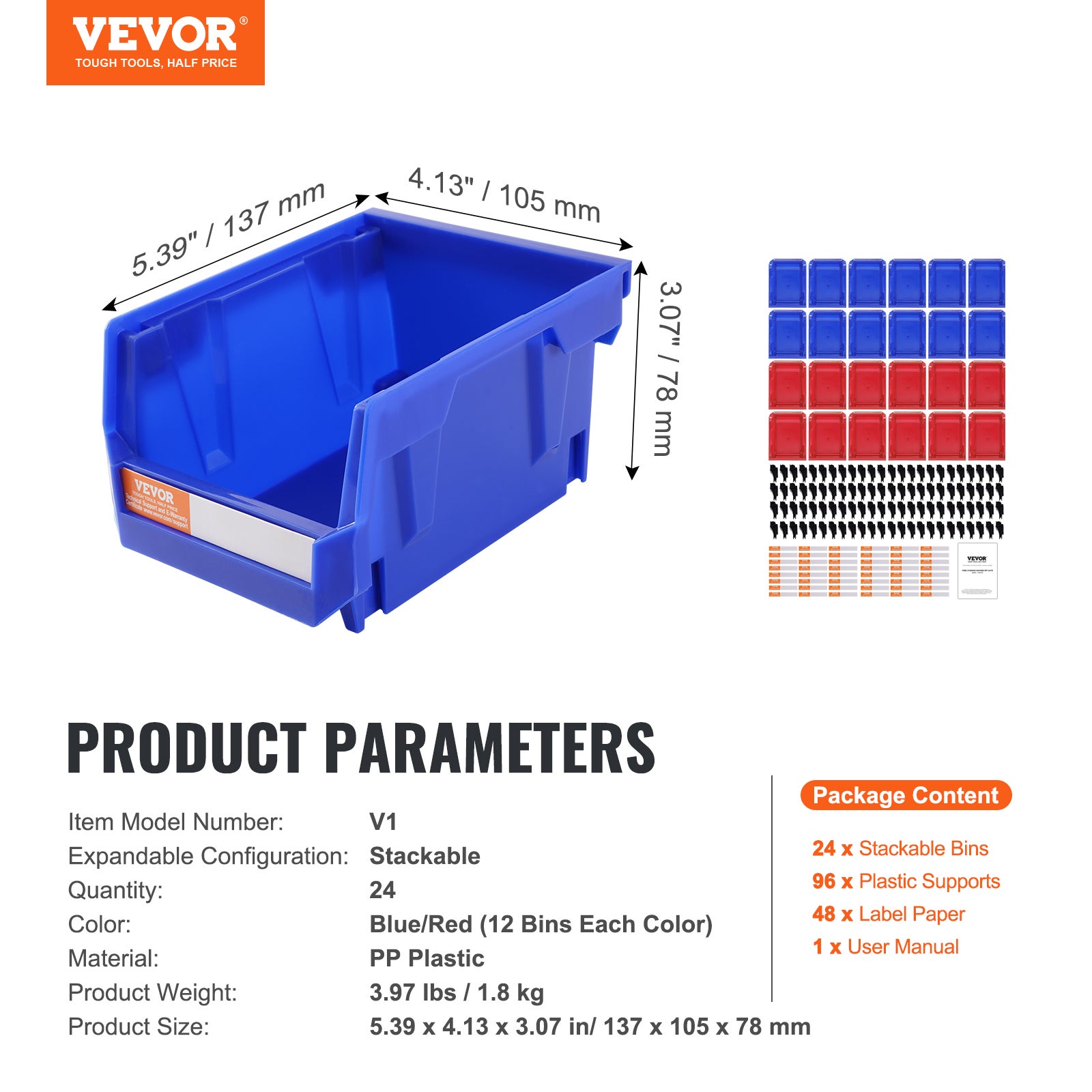 Bac à Bec Plastique VEVOR 24 Boites Rangement Empilables Atelier 137x105x78 mm Bleu/Rouge Combinaison Conteneurs Stockage Robustes pour Placard - 7