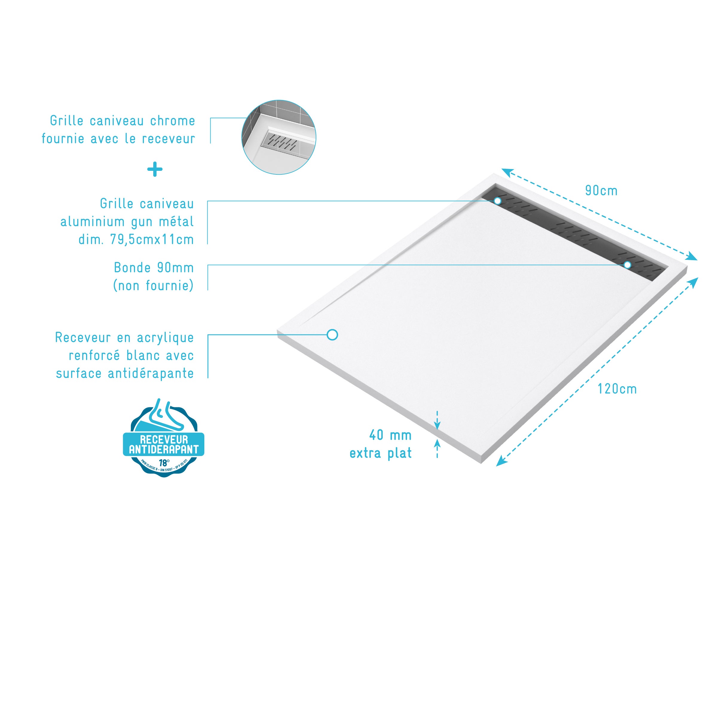 Receveur en acrylique Blanc 90x120x4 cm + Grilles Linéaires Chrome et Gun Metal - WHITENESS II - 4