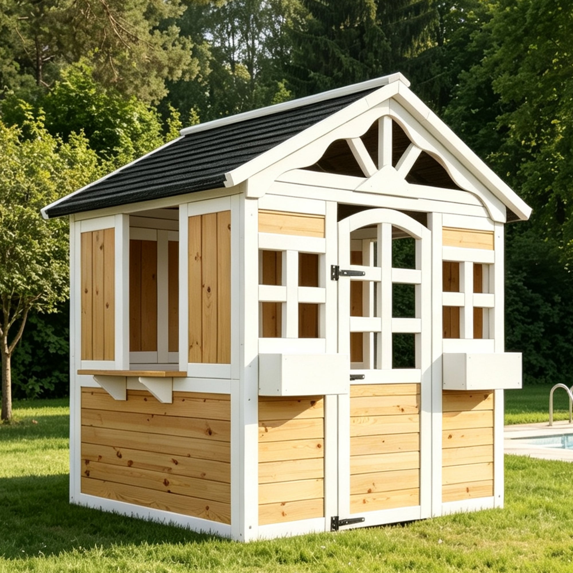 Maisonnette de jardin pour enfants en bois de sapin, cabane outdoor avec fenêtre de vente, jardinière et toit résistant, certifiée EN 71 - naturel - 3