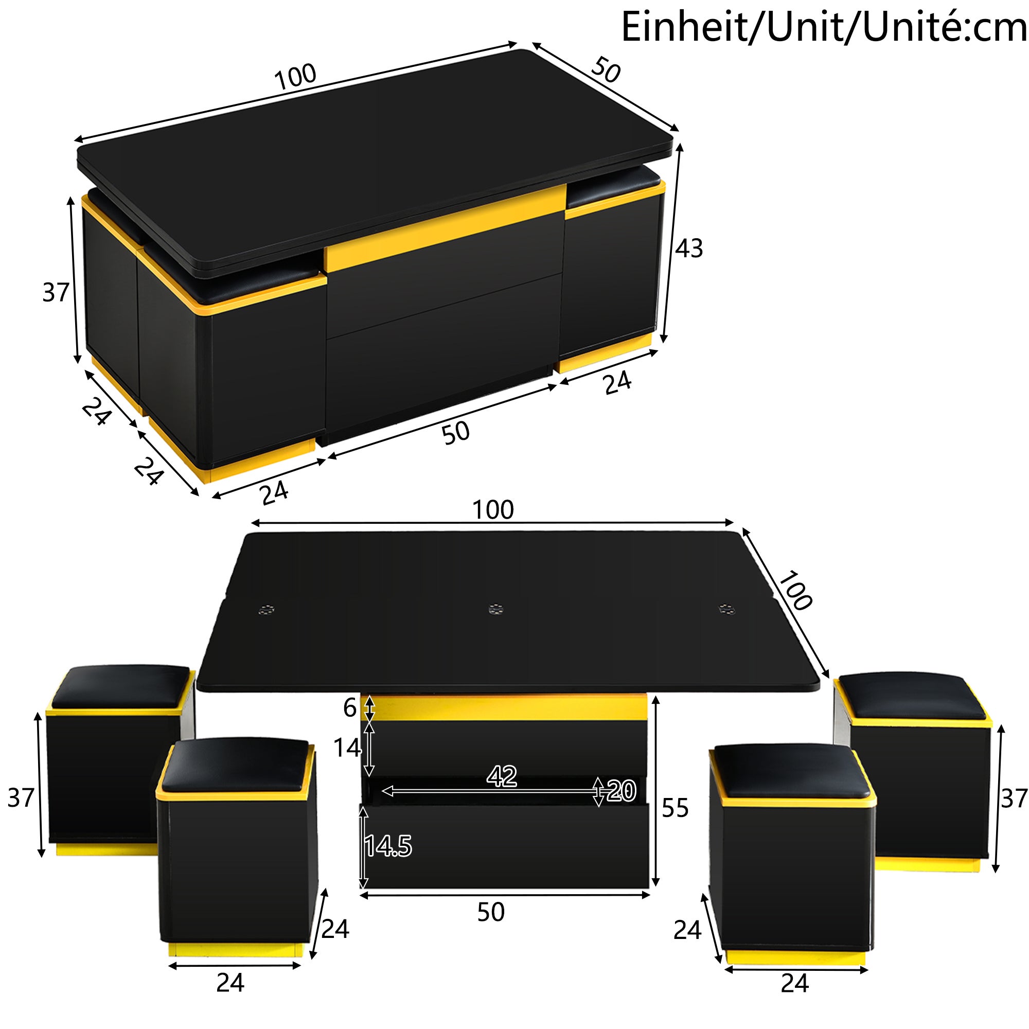 Stolik kawowy z podnoszonym blatem, 4 krzesłami i 2 szufladami – 100 x 50 x 43 cm – Płyta wiórowa + MDF – Czarny - 4