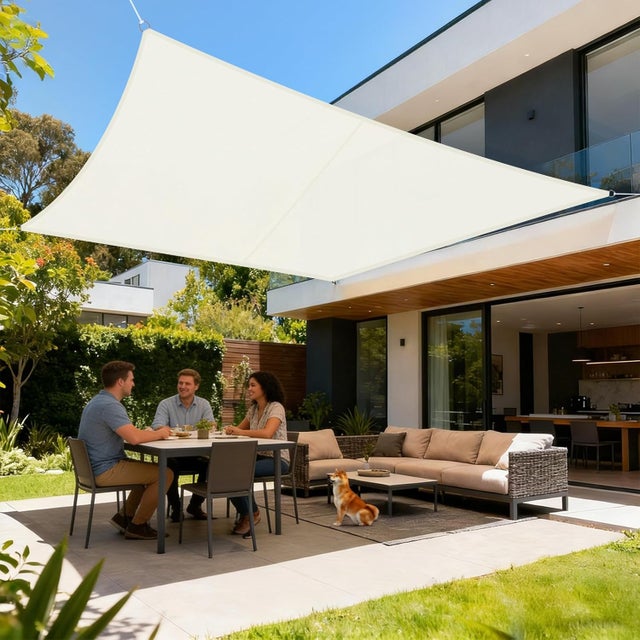 Toldo rectangular impermeable de 3x4 m, tela de sombra PES color crema con 95% de protección UV para patio y jardín.