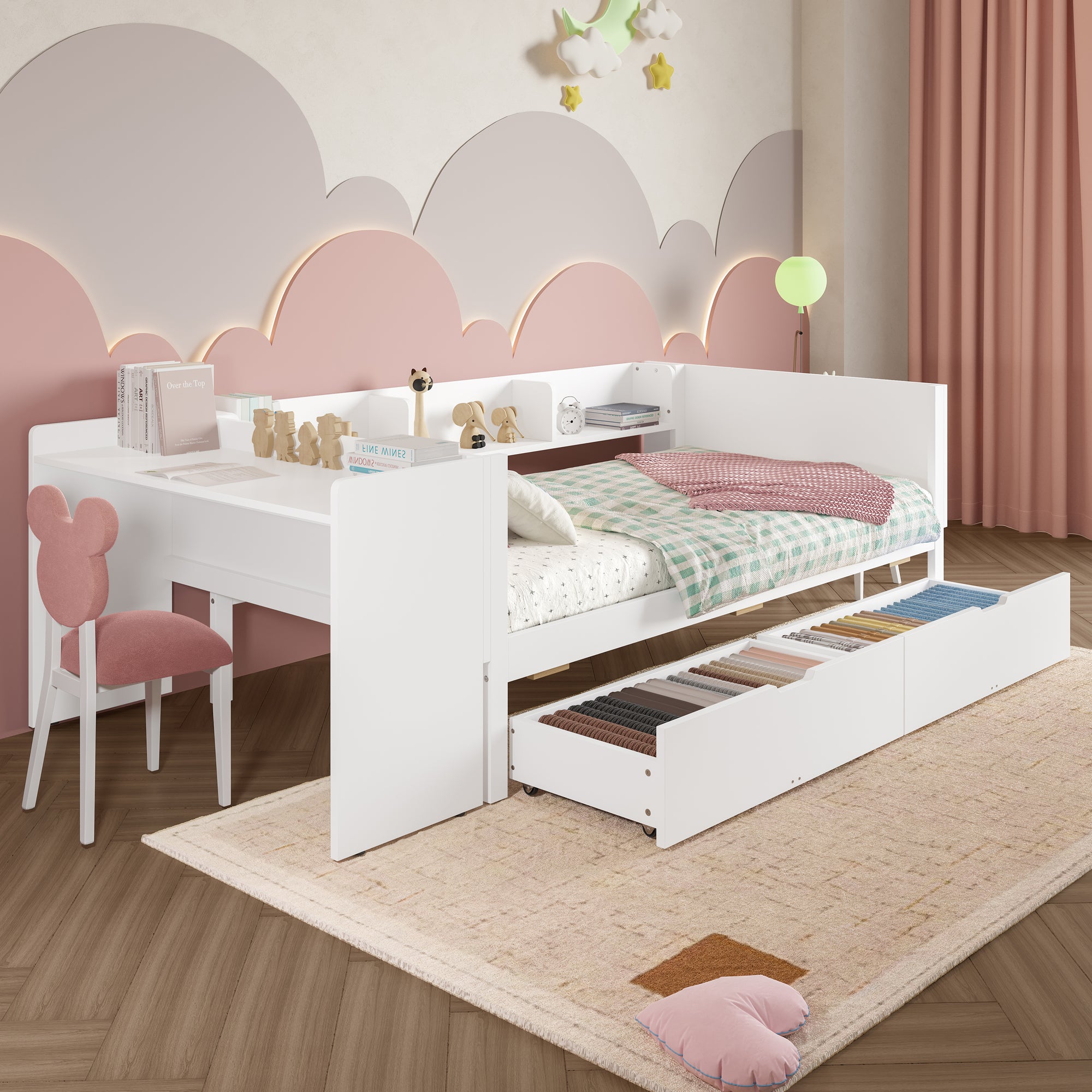 Łóżko wysuwane 90 x 200 cm + 90 x 190 cm - z biurkiem i półką - Sosna i płyta wiórowa - Białe (bez materaca)